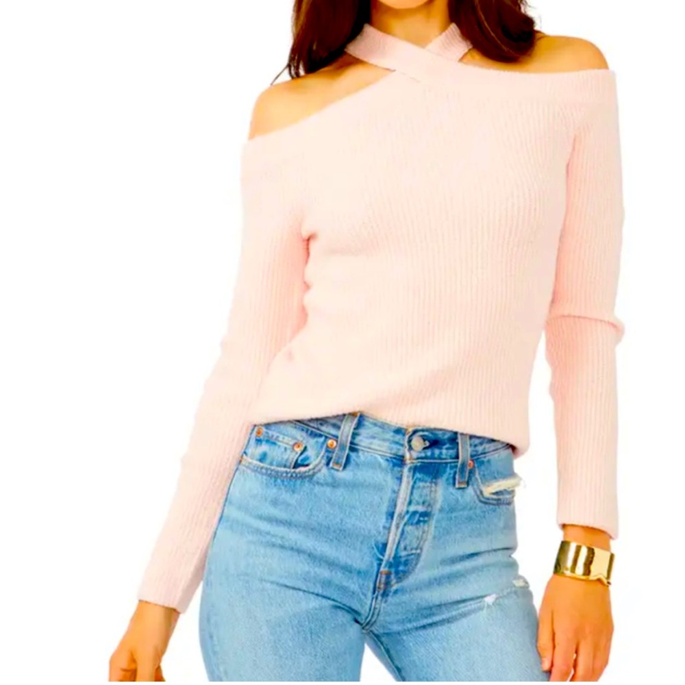 1.State Cold Shoulder Pink Sweater